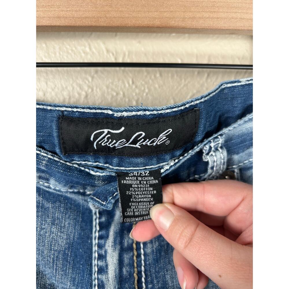 True Luck Jeans Mens Size 34x32 Denim Embroidered Pockets Straight Leg Y2K Pants - Picture 3 of 10